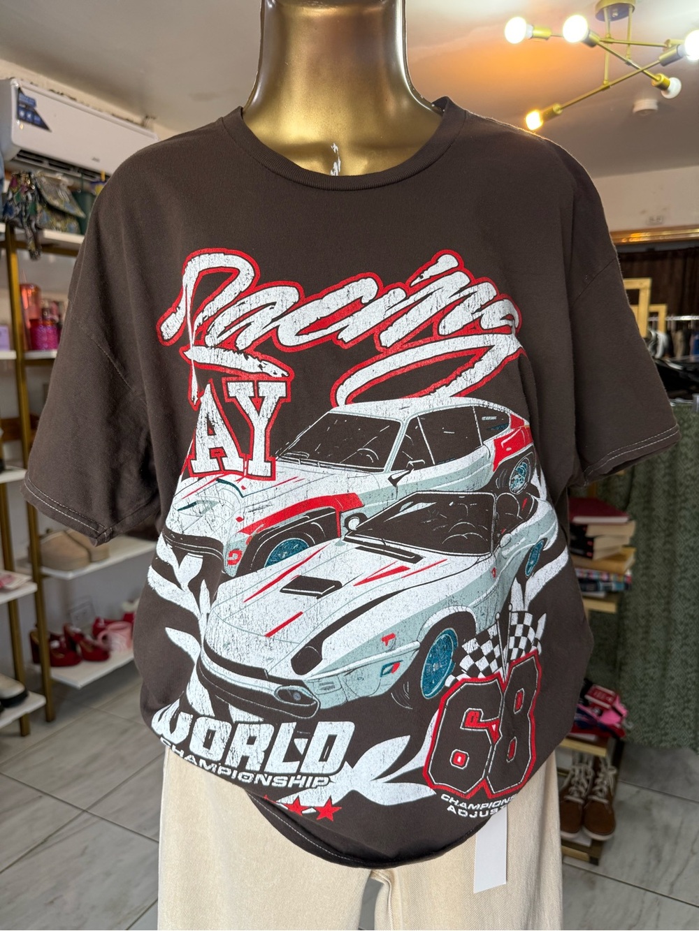 Unisex Brown Racing Graphic Short Sleeve Tee oversized style